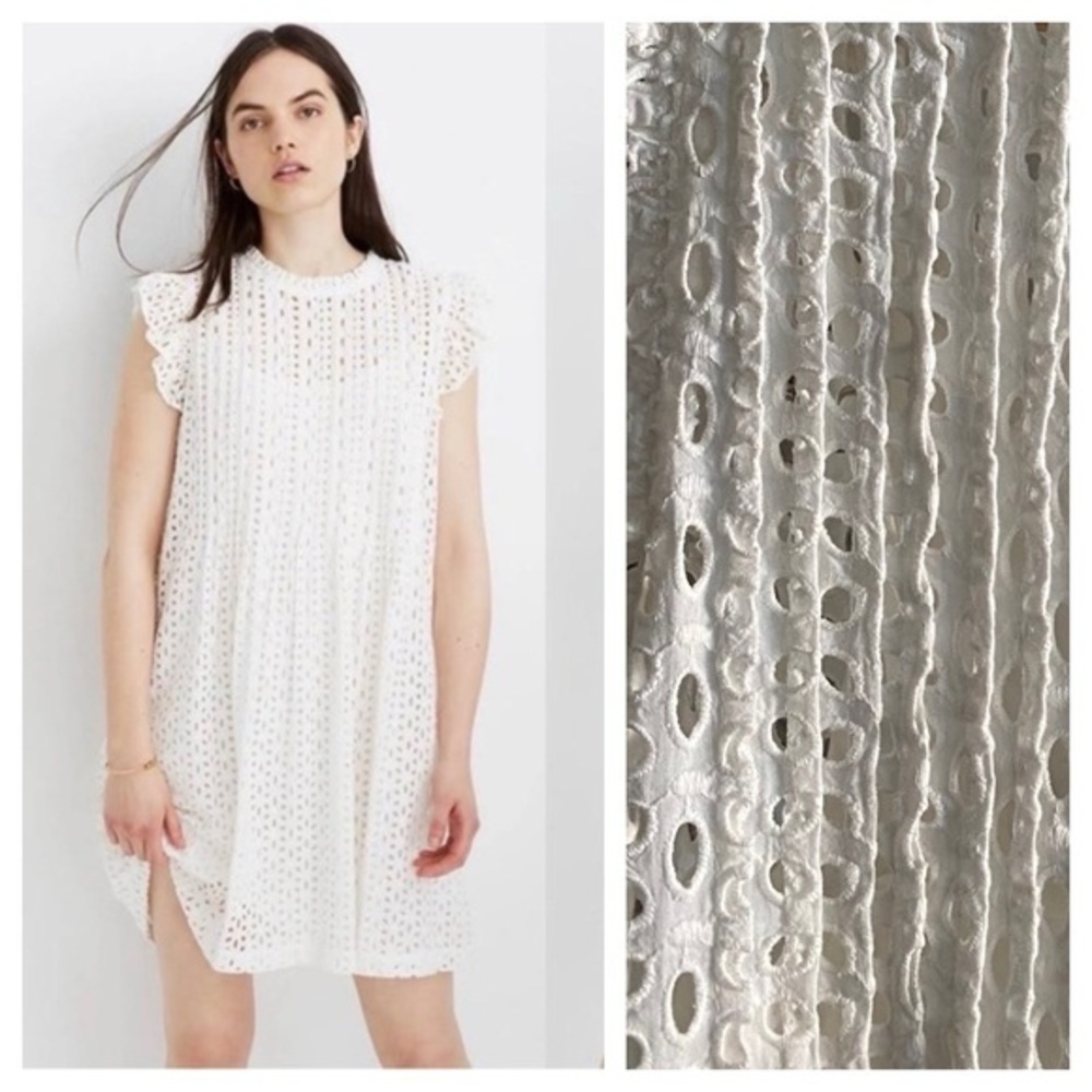 Madewell White Eyelet Ruffle Sleeve Pintuck Mini Dress S